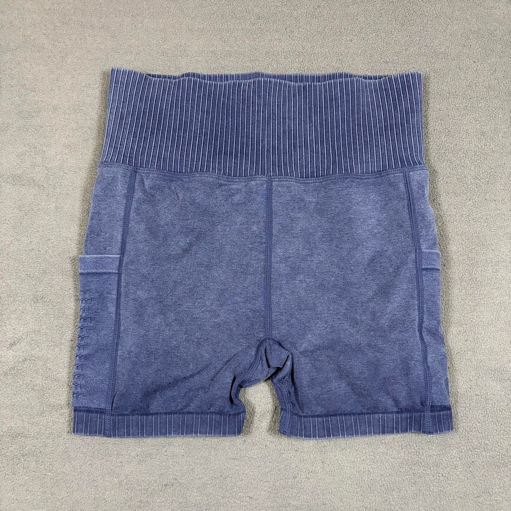 Ododos Biker Shorts Womens M-L Blue Acid Wash Seamless Ribbed Pockets